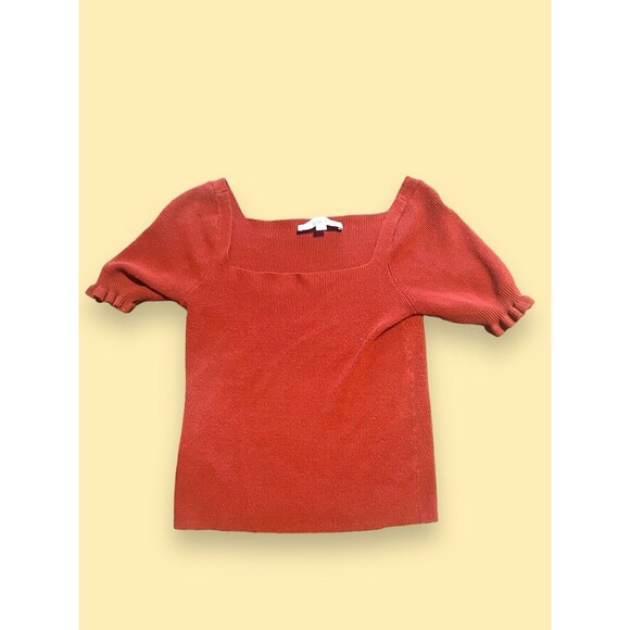 Ann Taylor Loft Square Neck Short Ruffle Sleeve Knit Blouse Women Orange Rust S - Picture 1 of 5